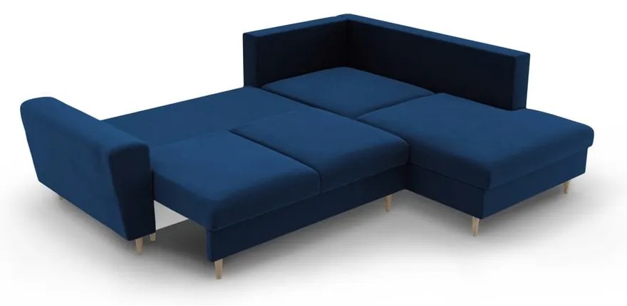 Colțar albastru extensibil, cu spațiu de depozitare cu tapițerie din catifea (cu colț pe partea dreaptă-în formă de ”L”) Kyoto – Cosmopolitan Design