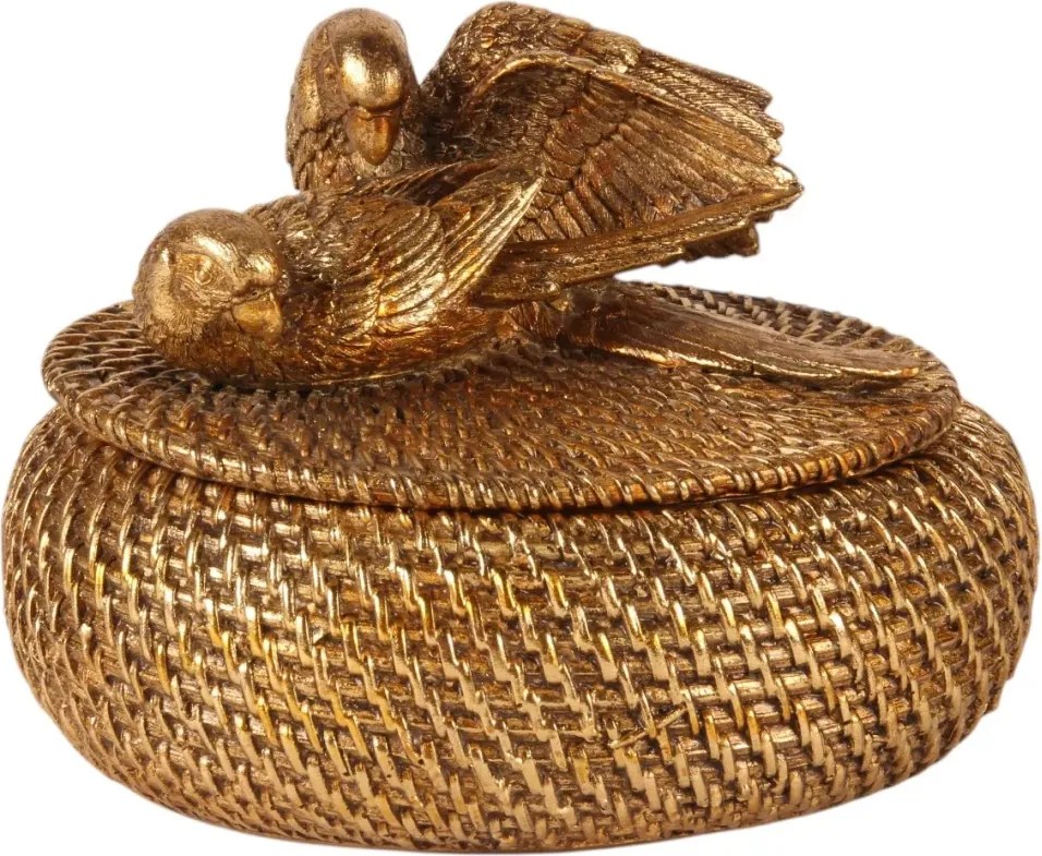 Cutie decorativă din polirășină, auriu, rotundă, cu model împletit și capac cu două păsări, finisaj antichizat, 19 x 15,5 x 14 cm, „Nid”
