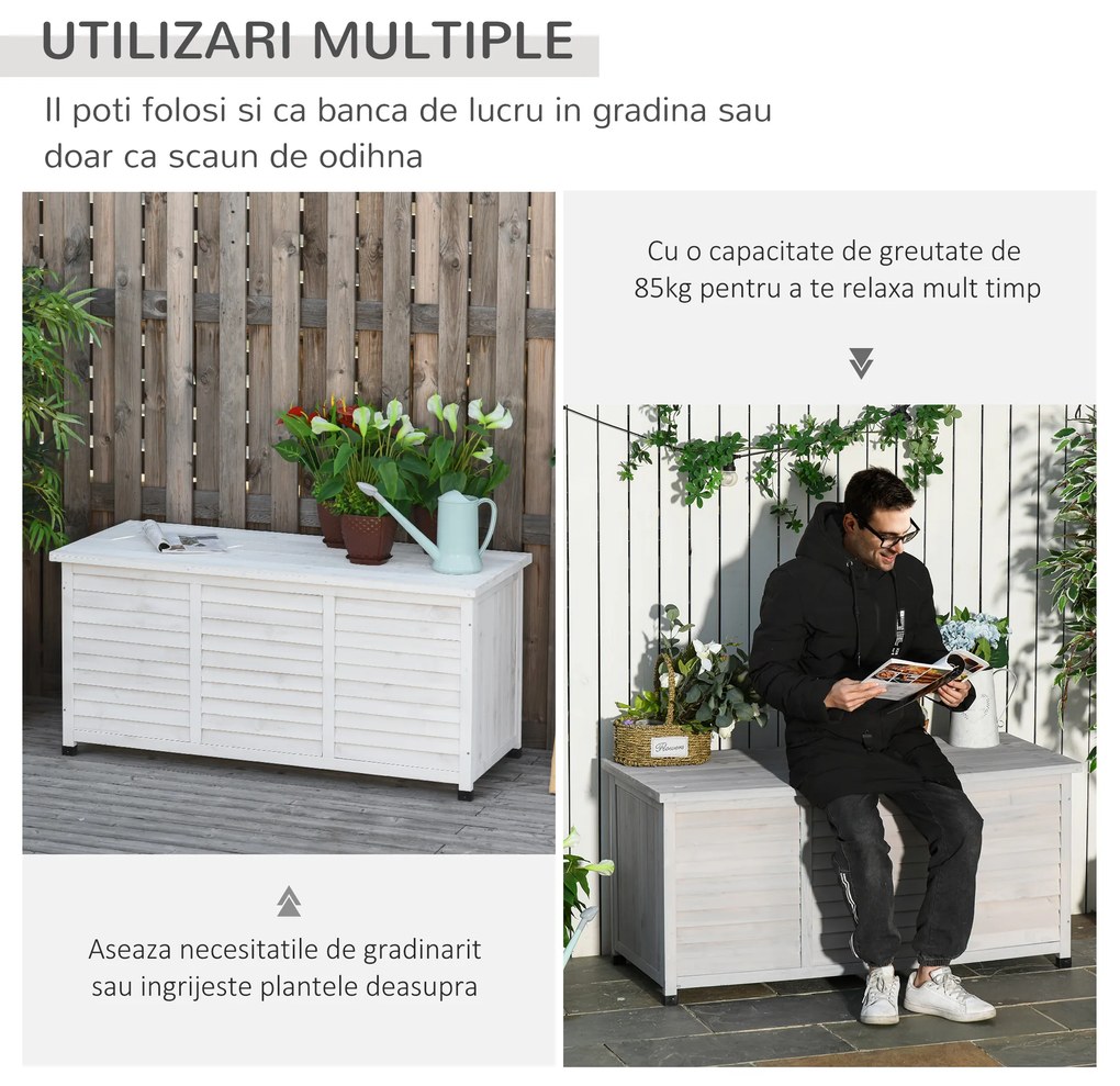 Banca tip container de depozitare Outsunny, 127x56x60cm, alb | Aosom Romania