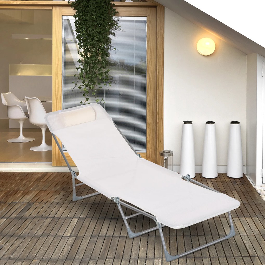 Outsunny Șezlong Pliabil cu Spătar Reglabil pe 5 Nivele și Pernă, Șezlong de Grădină cu Material Texteline, pentru Plajă, Piscină, Grădină, 182x56x28 cm, Crem | Aosom Romania