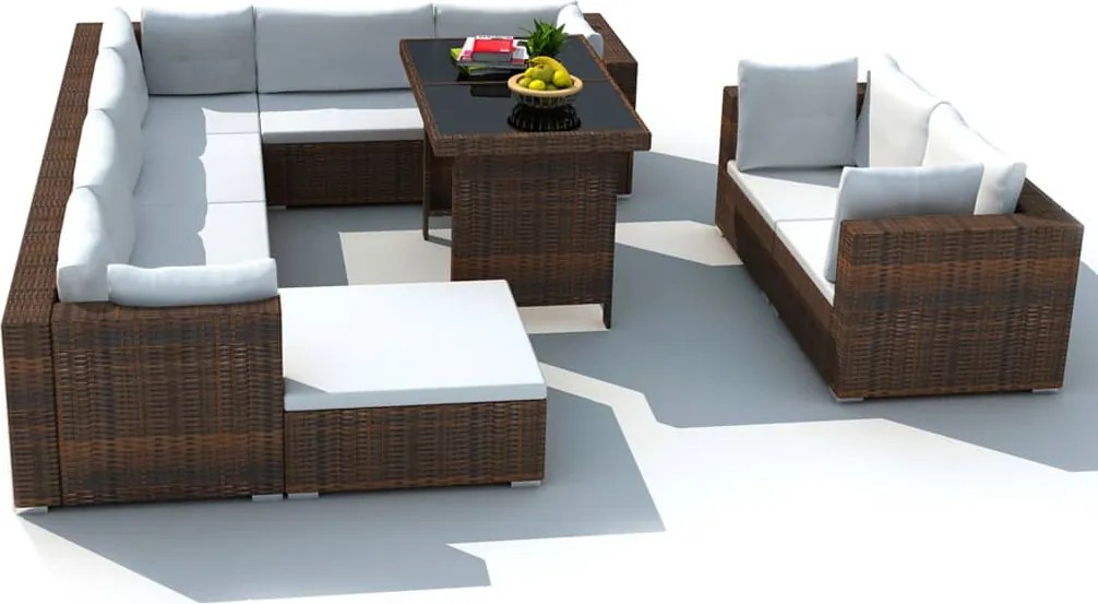 vidaXL Set mobilier de grădină cu perne, 10 piese, maro, poliratan