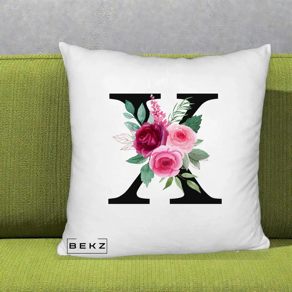 Cadou Personalizat - Perna Personalizata Monograma Florala Litera X cu Buchet, 40x40 cm, Alb Pufos, Husa Detasabila, Perna Inclusa, BEKZ®
