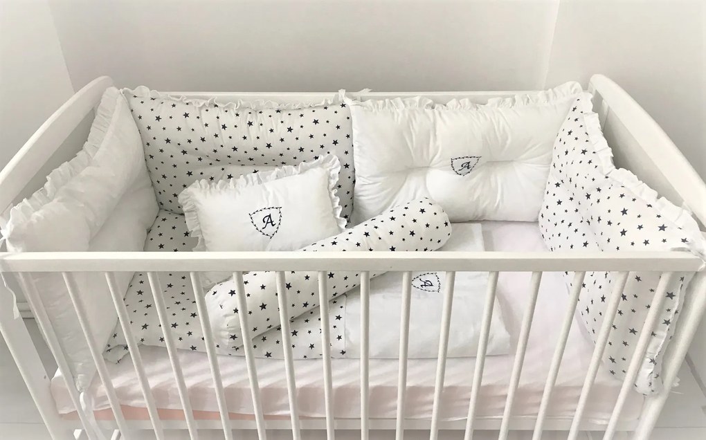 Lenjerie Personalizata cu monograma cu 10 piese Deseda Alb - Stelute bleumarin pe alb