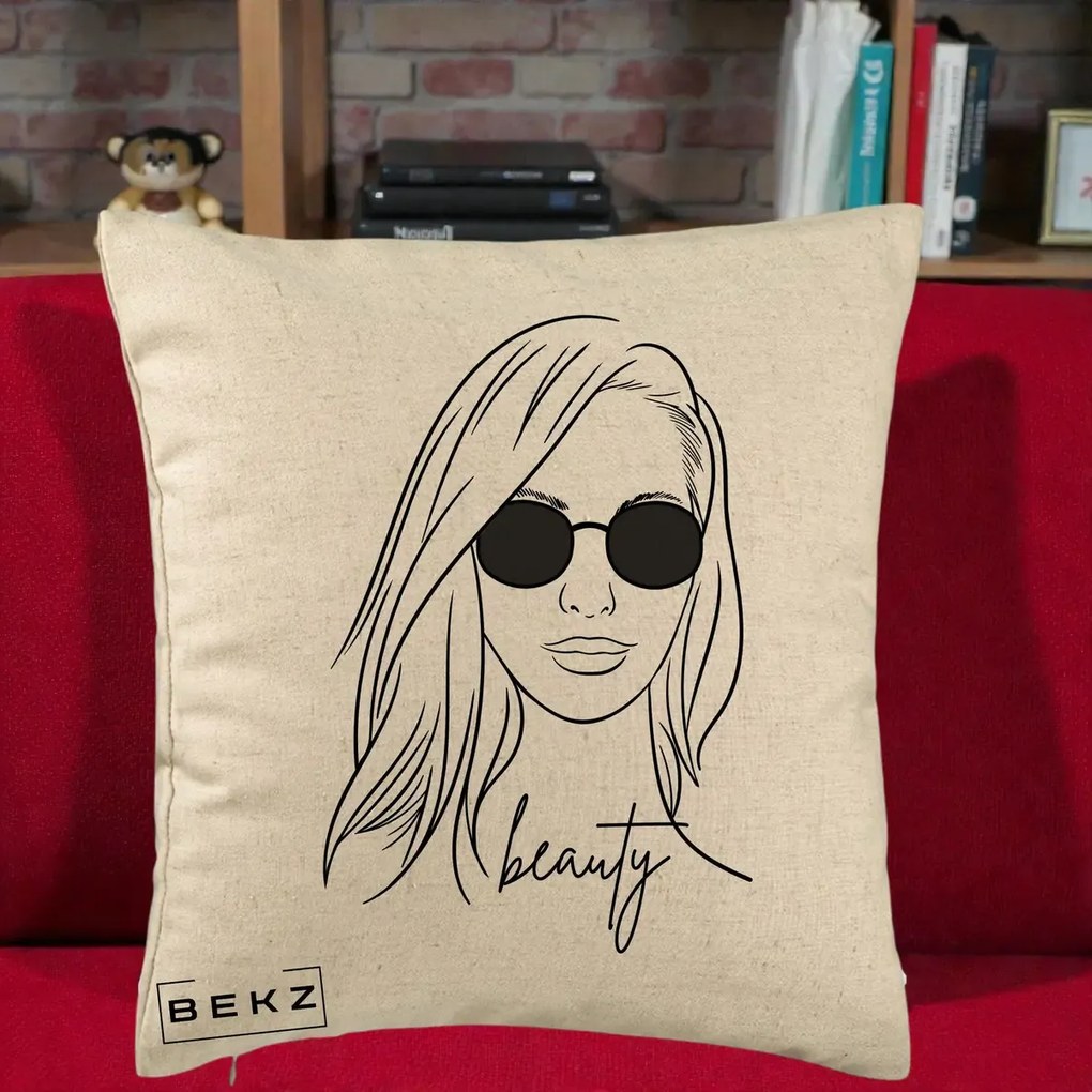 Perna Decorativa Beauty Girl Line Art, 40x40 cm, Bej, Husa Detasabila, Perna Inclusa, BEKZ®