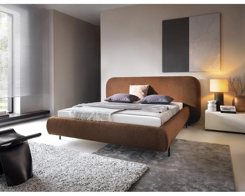 Pat matrimonial teracotă tapițat cu spațiu de depozitare cu somieră 140x200 cm Pointt – ELTAP