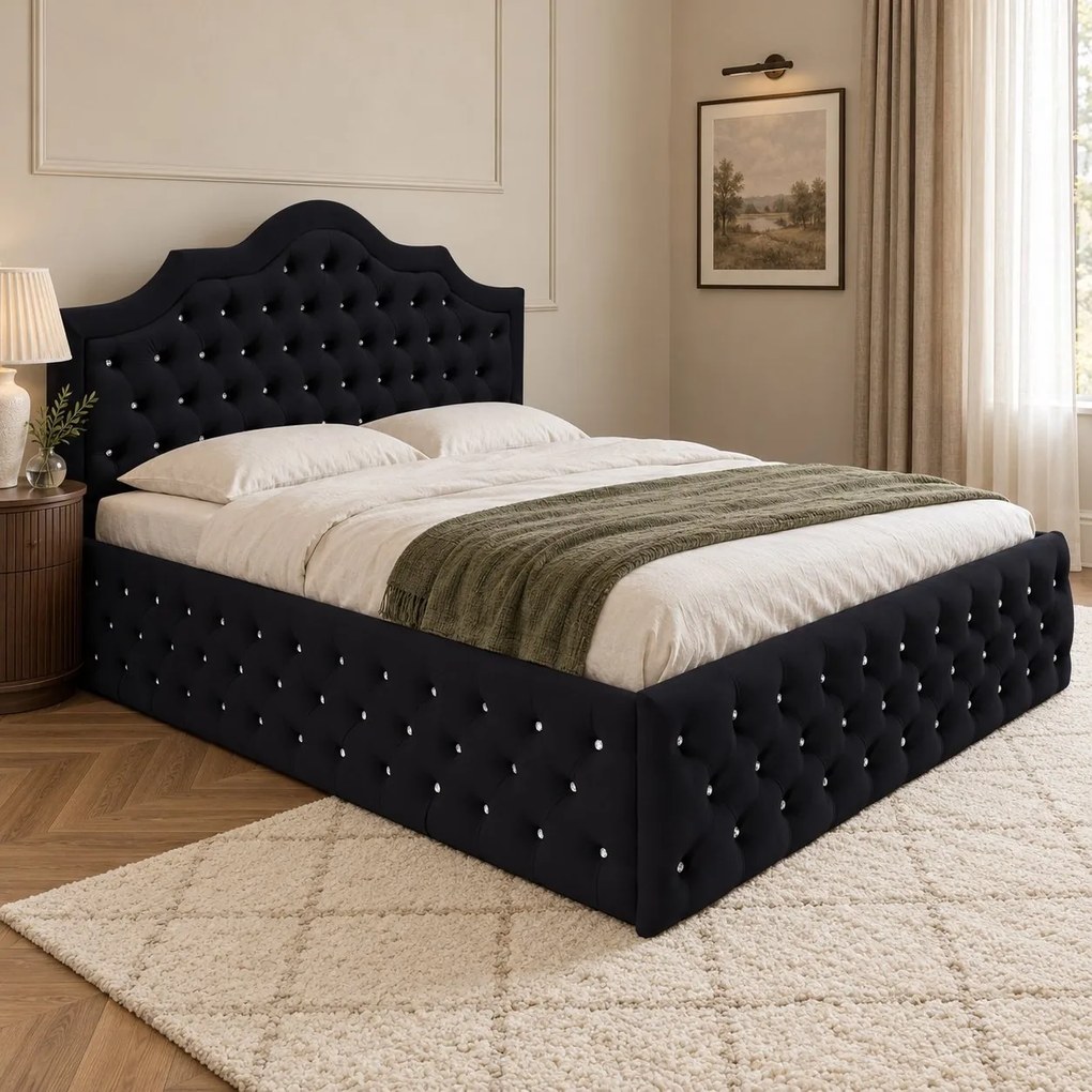 Pat tapițat Chesterfield din catifea Imperio Deluxe 160×200 cm, negru, cu ladă de depozitare