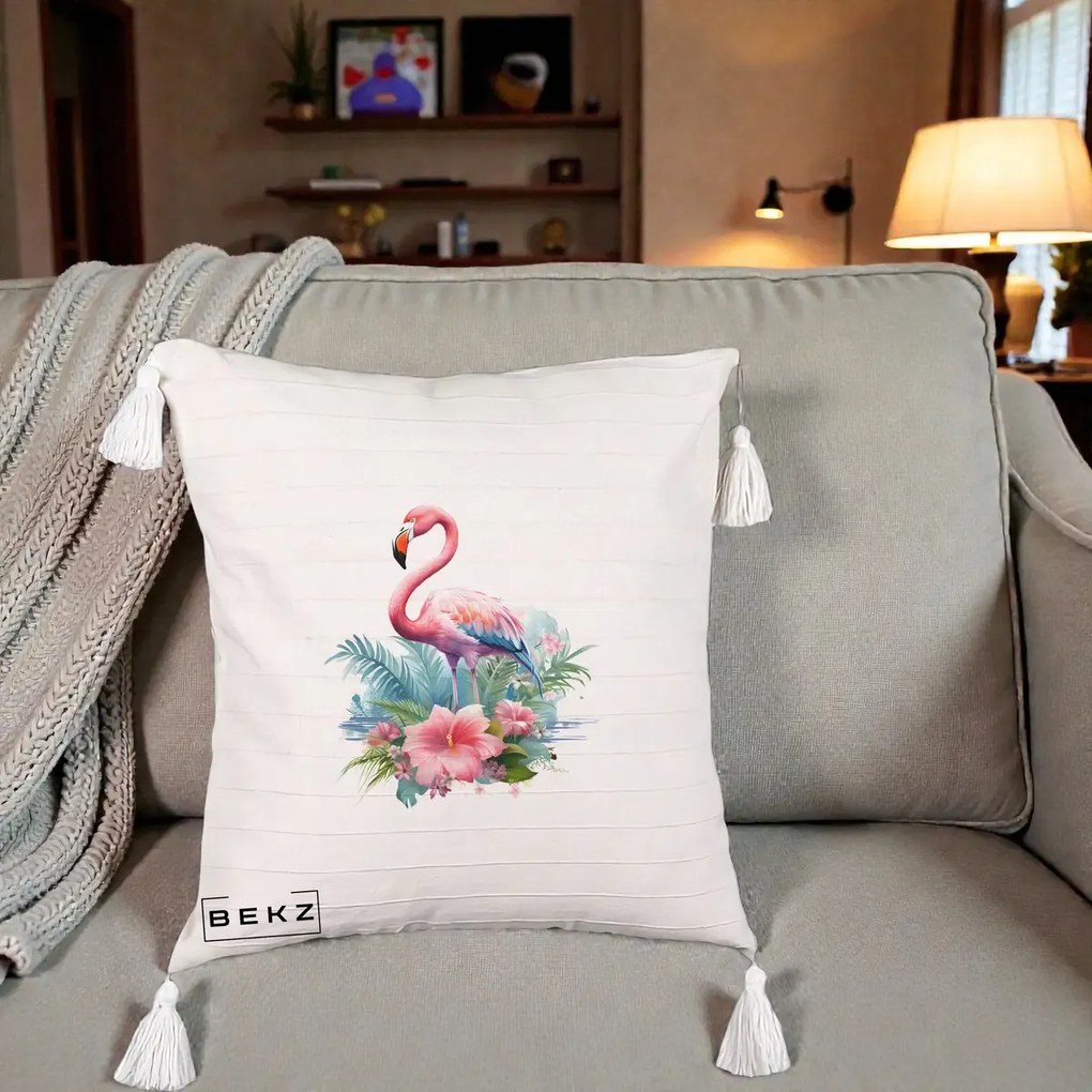 Perna Decorativa Raton in Halat Roz, 40x40 cm, Bej cu Franjuri, Husa Detasabila, Perna Inclusa, BEKZ®