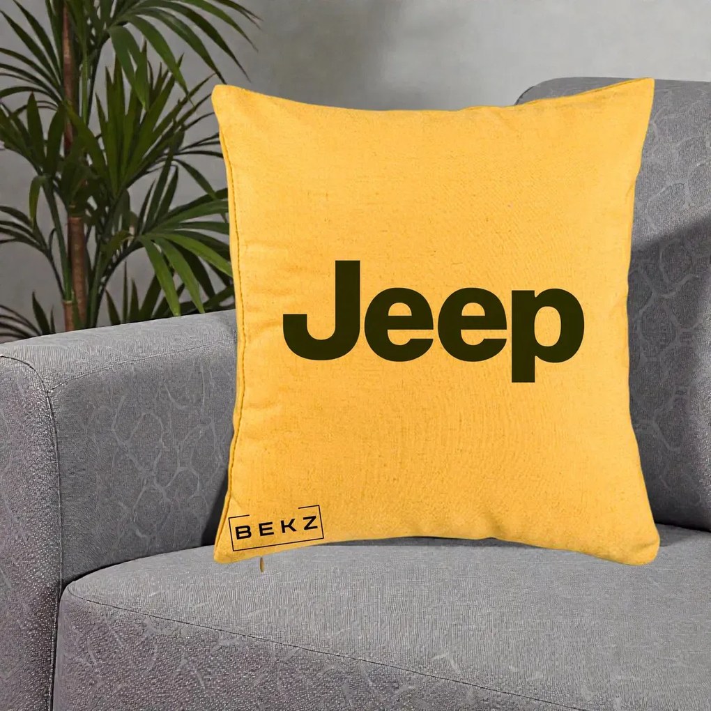 Perna Personalizata cu emblema Jeep, 40x40 cm, Galben, Husa Detasabila, Perna Inclusa, BEKZ®