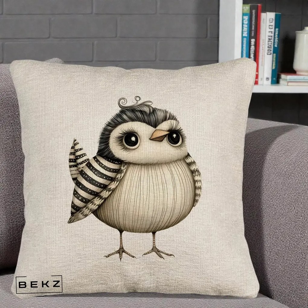 Perna Decorativa Pui Elegant Alb-Negru, 40x40 cm, Bej Canapea, Husa Detasabila, Perna Inclusa, BEKZ®