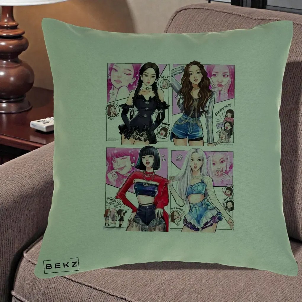 Perna Personalizata K-pop BLACKPINK Fanart Manga Benzi Desenate 4 Membre, 40x40 cm, Verde, Husa Detasabila, Perna Inclusa, BEKZ®