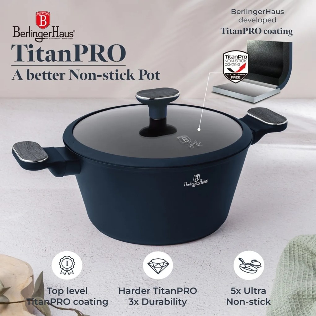 Set oale si tigai cu capace si ustensile 15 piese Deep Sea Berlinger Haus BH 8382, albastru mat, antiaderente, compatibile inductie