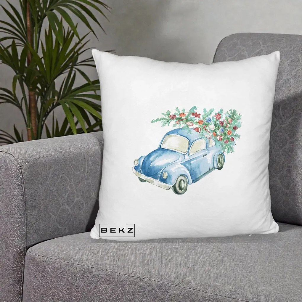 Perna Decorativa Masinuta Albastra cu Brad de Craciun, 40x40 cm, Alb Pufos, Husa Detasabila, Perna Inclusa, BEKZ®