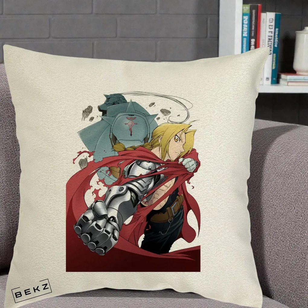 Perna Personalizata Fullmetal Alchemist Brotherhood Edward si Al Poster, 40x40 cm, Ecru, Husa Detasabila, Perna Inclusa, BEKZ®