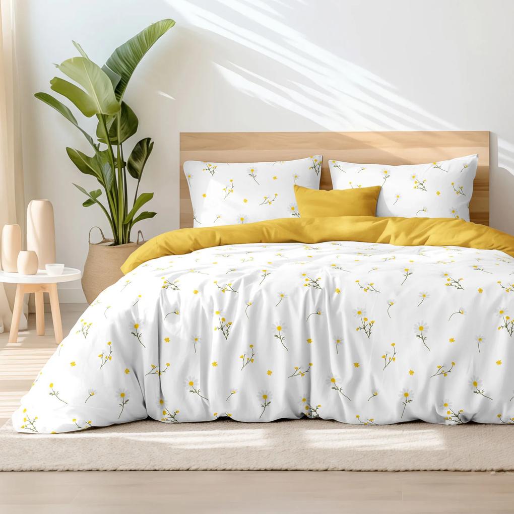 Goldea lenjerie de pat din 100% bumbac duo - mușețel cu galben-miere 200 x 220 și 2buc 50 x 70 cm (din două bucăți, cusătură pe mijloc)