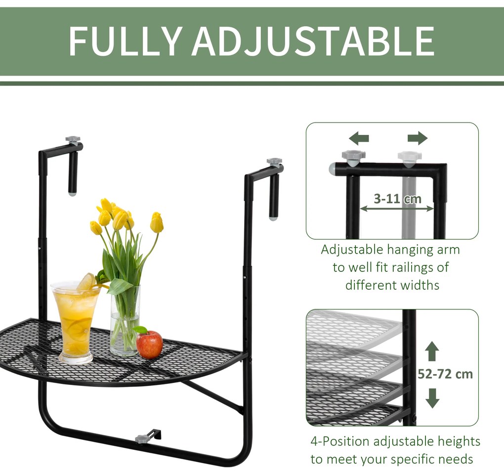 Outsunny Masă de Balcon Suspendată, Măsuță Metalică Pliabilă, Ideală pentru Spații Mici, Neagră | Aosom Romania