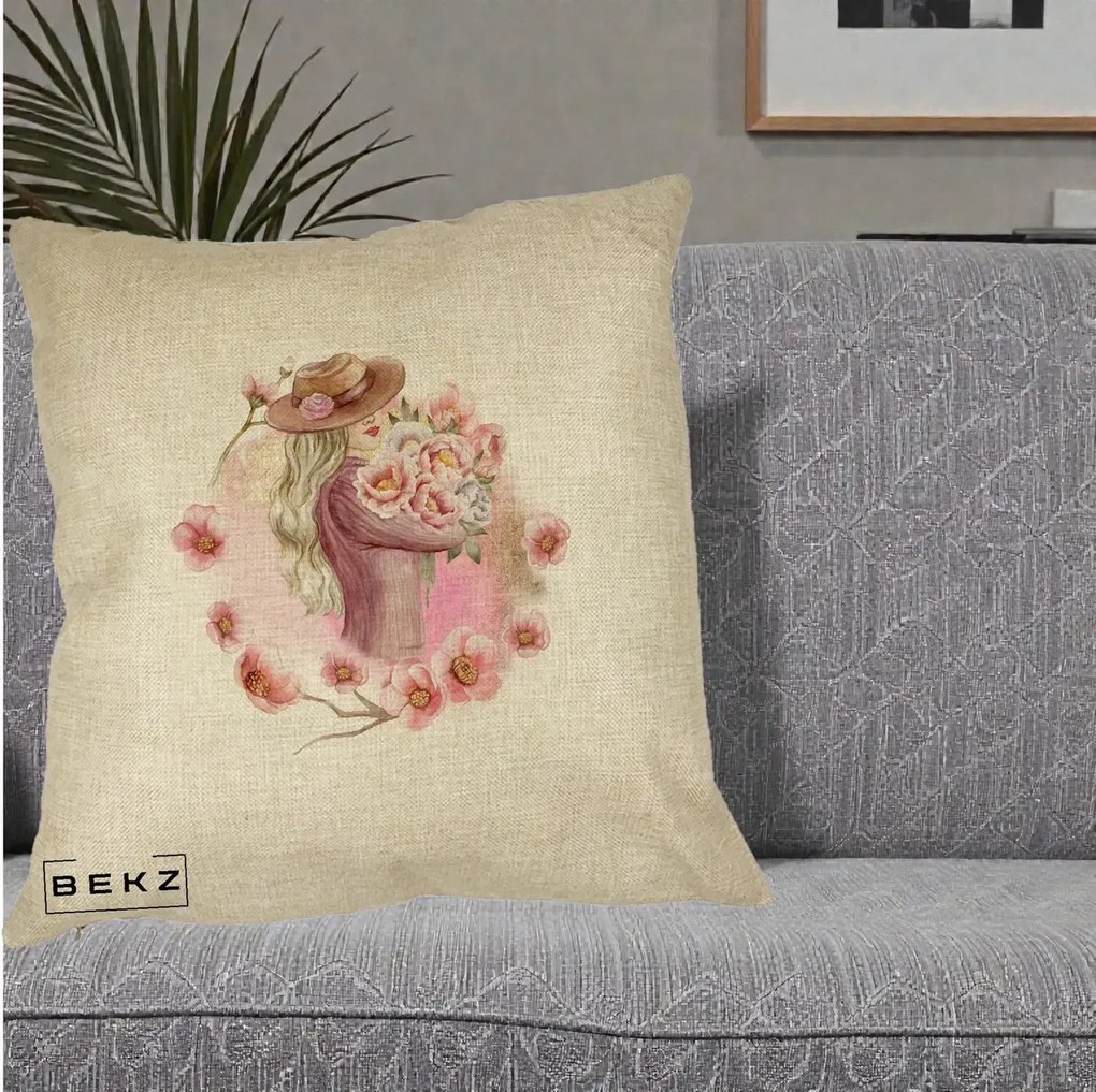 Perna Decorativa Femeie cu Flori Roz Acuarela, 40x40 cm, Crem, Husa Detasabila, Perna Inclusa, BEKZ®