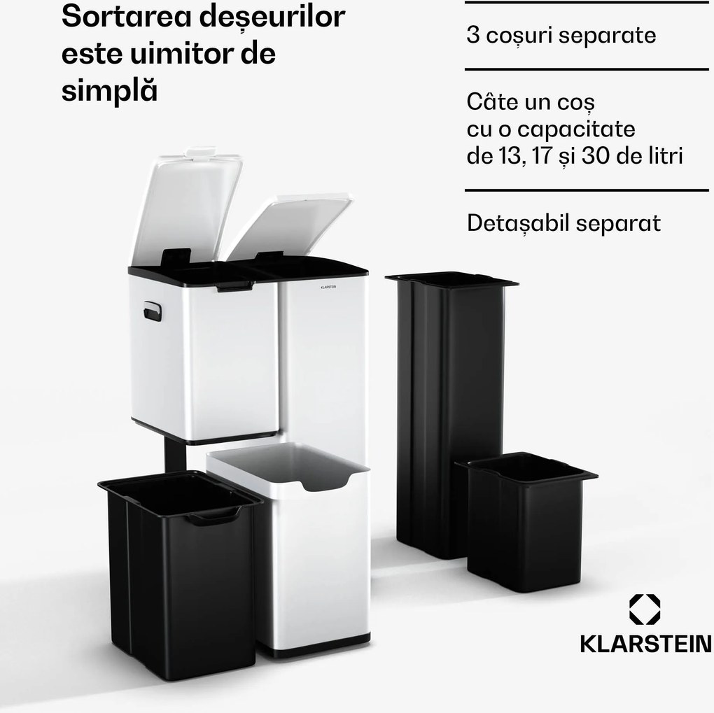 Klarstein Coș de gunoi Tiyo 3 în 1 60 l, 30 l + 17 l + 13 l, sortare deșeuri, închidere silențioasă, capac din oțel inoxidabil