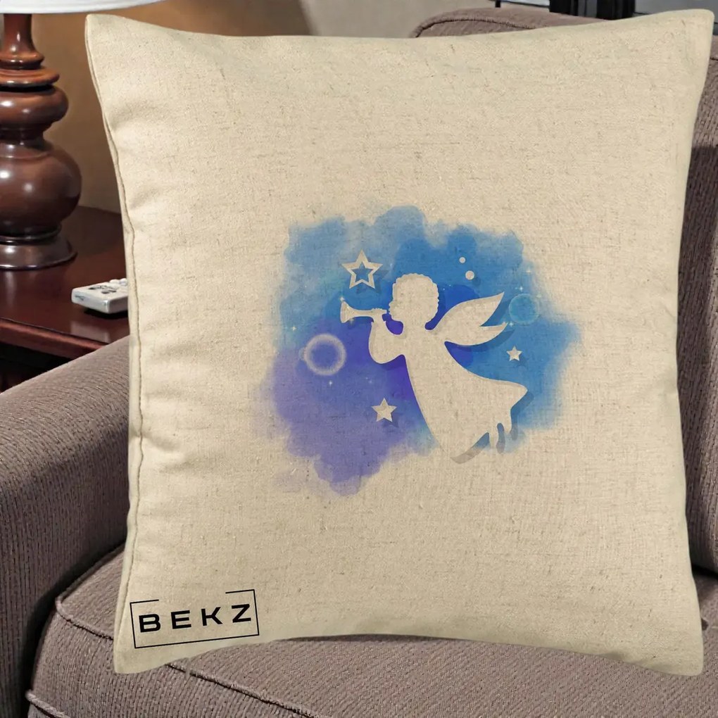 Perna Decorativa Inger cu Trompeta Albastru, 40x40 cm, Bej, Husa Detasabila, Perna Inclusa, BEKZ®