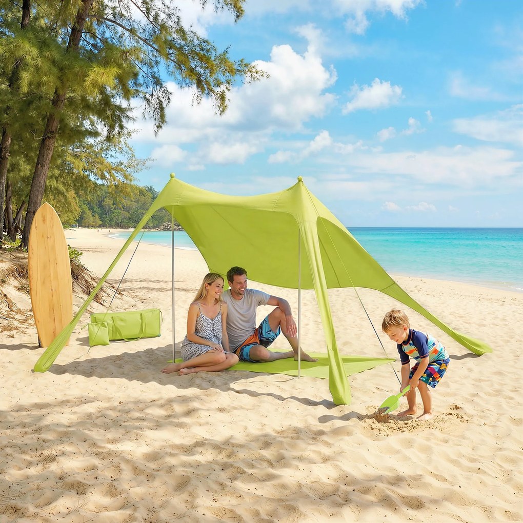 Outsunny Cort de plajă pliabil cu saltea UPF50+, stâlpi din aluminiu, lopată, țăruși și geantă de transport verde | Aosom Romania