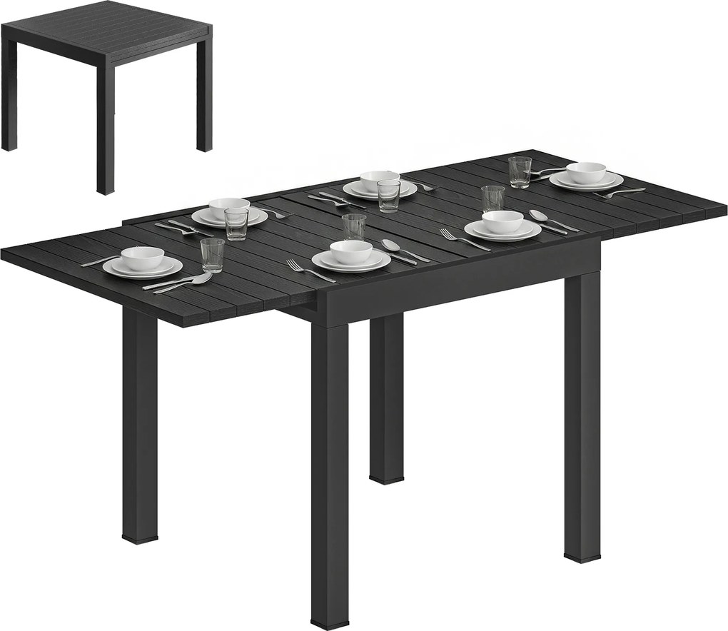 Outsunny Masă de Sufragerie Exterioară Extensibilă 80/160 cm pentru 4-6 Persoane din Aluminiu cu Blat cu Lamele Efect Lemn Negru | Aosom Romania
