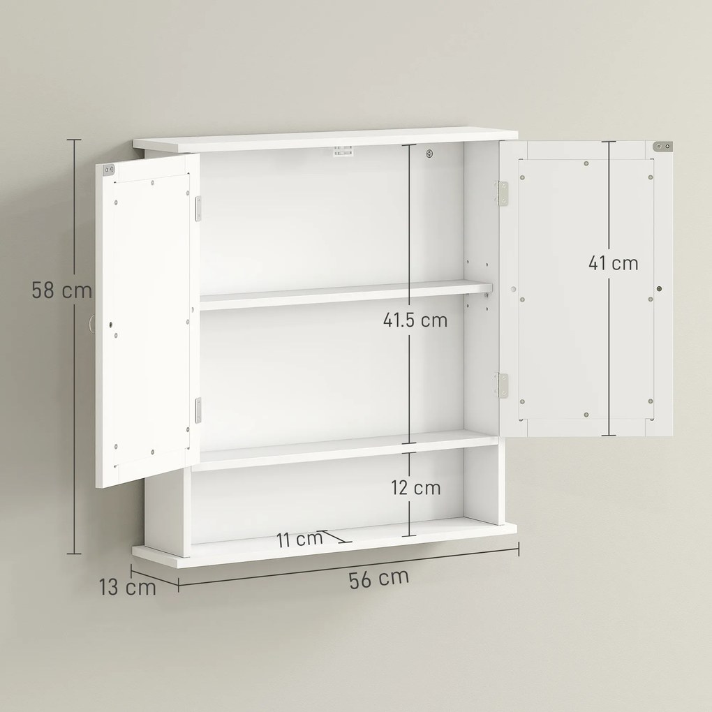 kleankin Dulap Suspendat pentru Baie cu 2 Uși cu Oglindă și Raft Deschis, Raft Interior Reglabil, Mânere Metalice, 56x13x58 cm, Alb | Aosom Romania