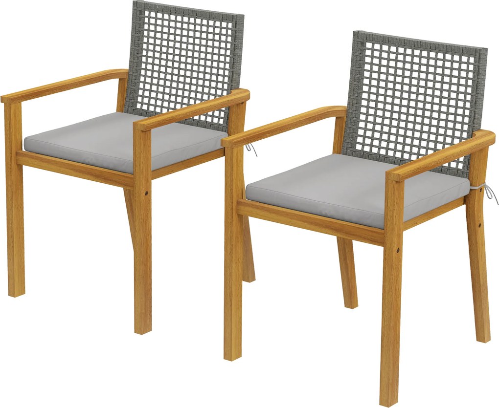 Outsunny Scaune de grădină set 2 buc. Lemn de acacia certificat FSC Stivuibile Scaune din lemn cu spătar din rattan Perne detașabile Cotiere | Aosom Romania