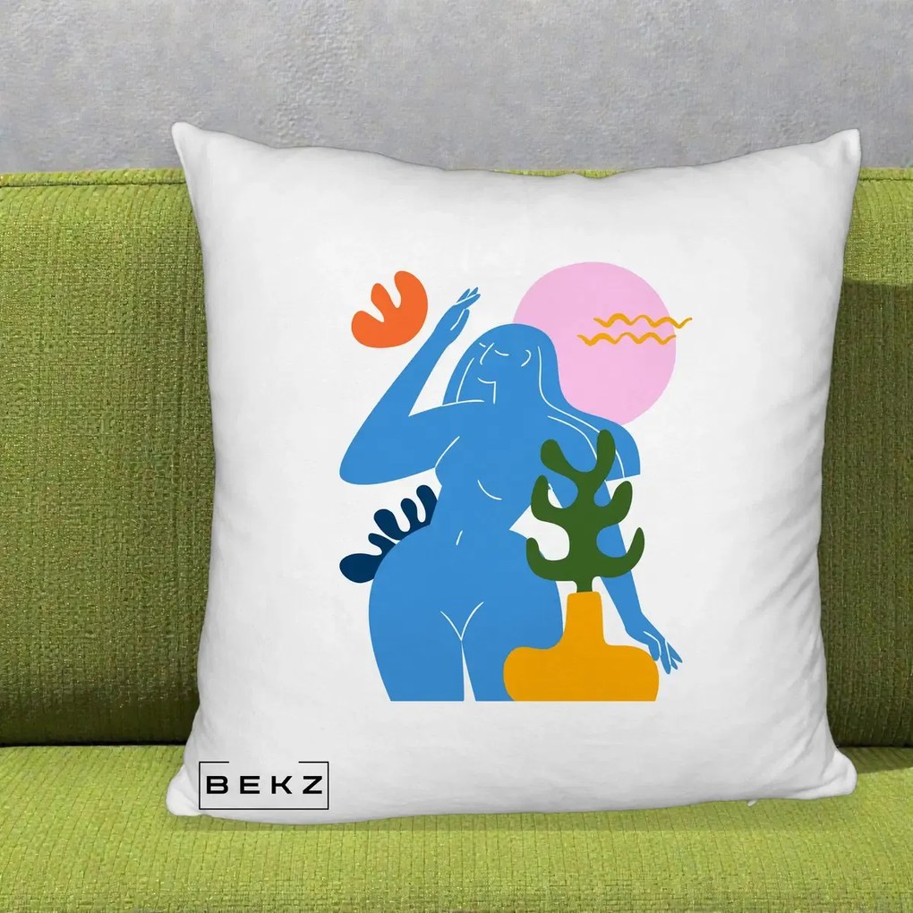 Perna Decorativa Femeie Albastra Cactus, 40x40 cm, Alb Pufos, Husa Detasabila, Perna Inclusa, BEKZ®