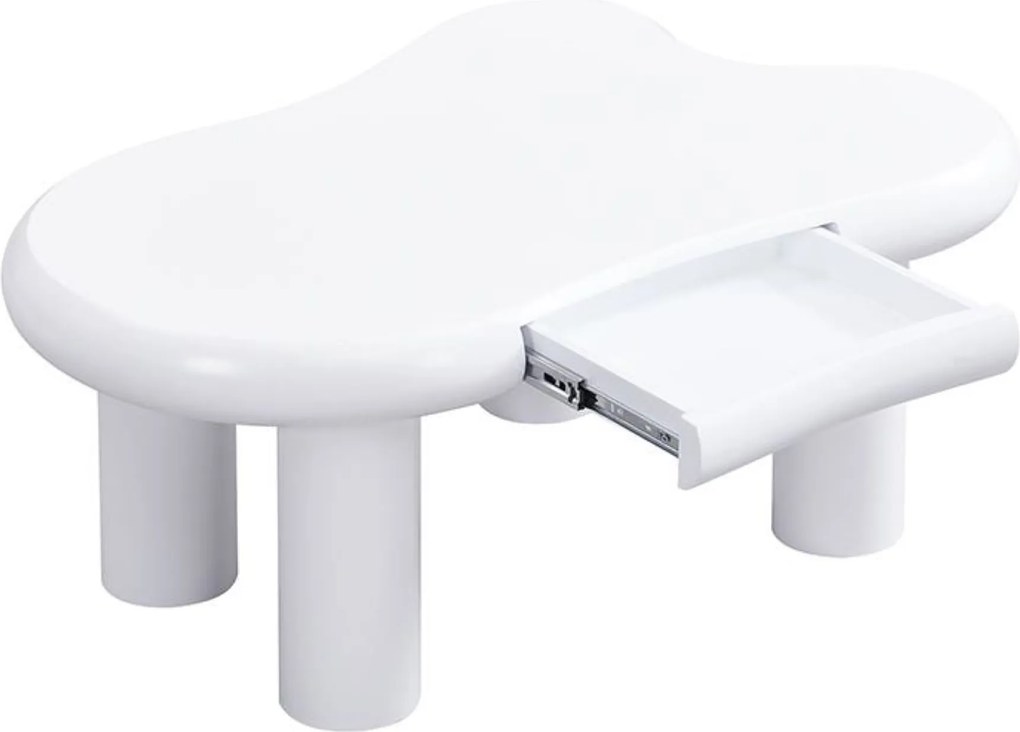 Masă de cafea în formă de nor, din MDF cu iluminare LED și sertar, 98x65,5x40 cm, Alb