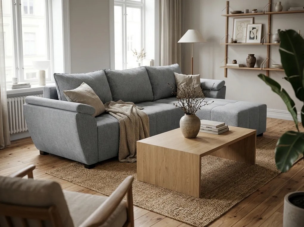 Canapea extensibila, reversibila pe colt LIVARO 251x140 cm, gri deschis