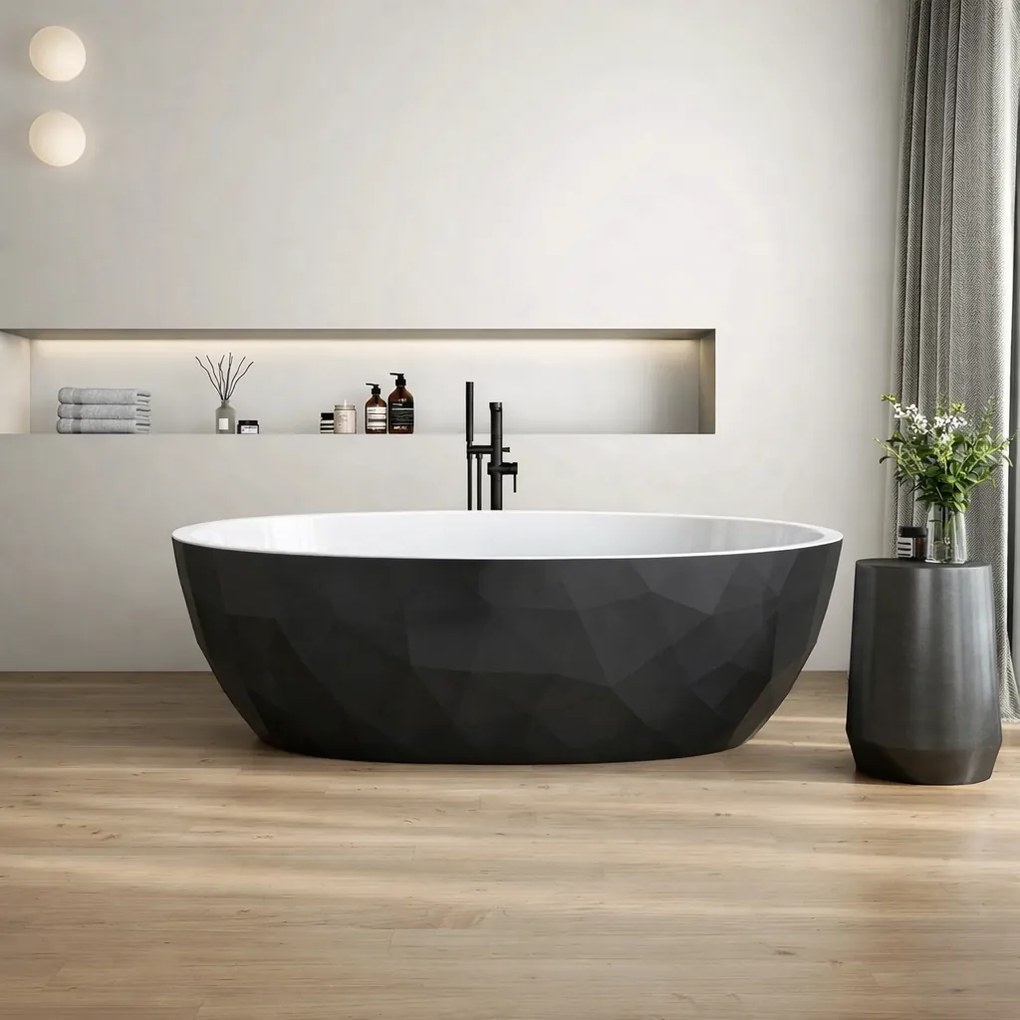 Cada freestanding compozit, negru cu alb, forme 3D, ovala 167 x 82 cm, Foglia Ovale Negru/Alb