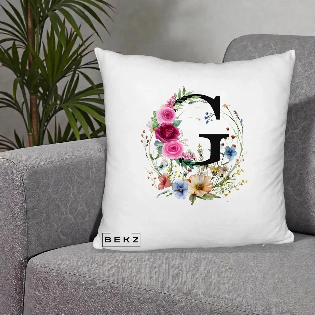 Cadou Personalizat - Perna Personalizata Monogram Litera G cu Flori Acuarela, 40x40 cm, Alb Pufos, Husa Detasabila, Perna Inclusa, BEKZ®