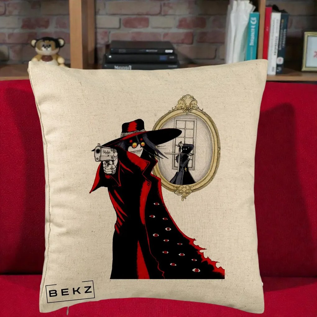 Perna Personalizata Hellsing Alucard cu Pistoale, 40x40 cm, Bej, Husa Detasabila, Perna Inclusa, BEKZ®
