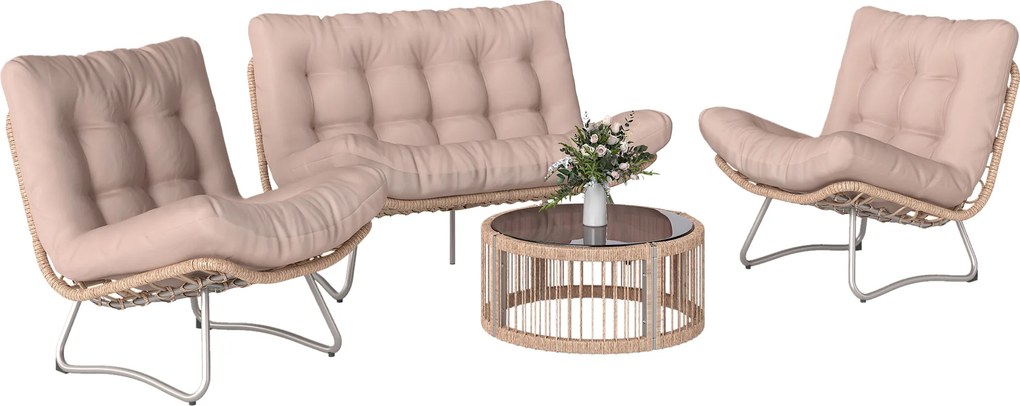 Outsunny Set mobilier grădină 4 piese Polyrattan Lounge cu canapea 2 locuri 2 fotolii masă cu sticlă șezut lat și adânc perne groase | Aosom Romania