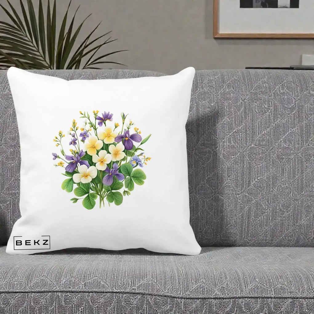 Perna Decorativa Viorele Iris Violet si Trifoi, 40x40 cm, Alba Mata, Husa Detasabila, Perna Inclusa, BEKZ®