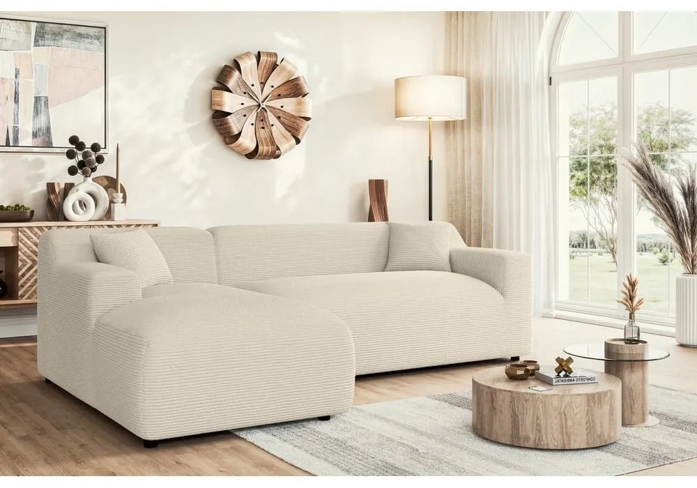 Colțar bej-crem cu tapițerie din catifea reiată (cu colț pe partea stângă, cu șezlong) Martin – Ropez