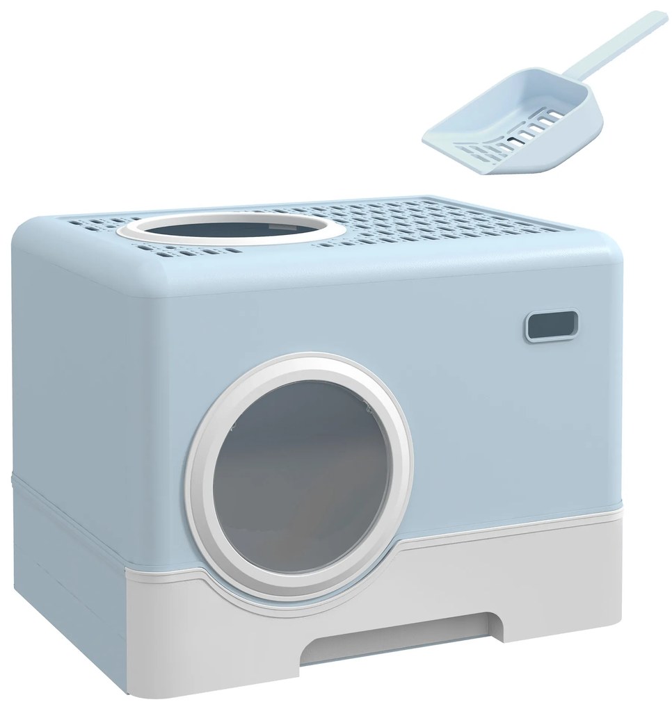 PawHut Litieră închisă pentru pisici cu tavă detașabilă și lopățică, 52 x 41 x 38,5 cm, albastru | Aosom Romania