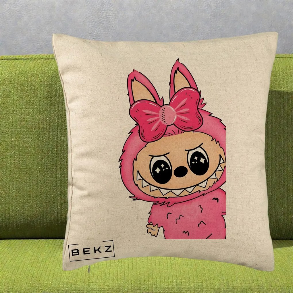 Perna Personalizata Labubu Roz cu Funda, 40x40 cm, Bej, Husa Detasabila, Perna Inclusa, BEKZ®