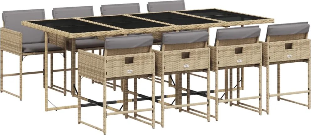 vidaXL Set de masă pentru grădină, 9 piese, cu perne, bej, poliratan