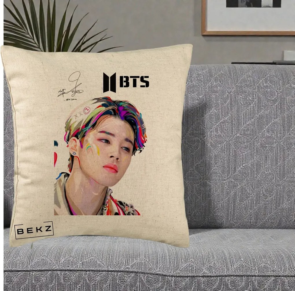 Perna personalizata K-pop BTS Jimin Portret Artistic Multicolor, 40x40 cm cu Umplutura, Bej, BEKZ