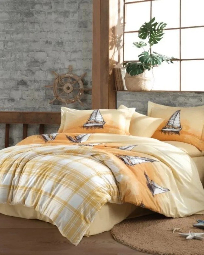 Lenjerie de pat bumbac 100% poplin, pat Single, Hobby Studio, alb / galben, HB1-45