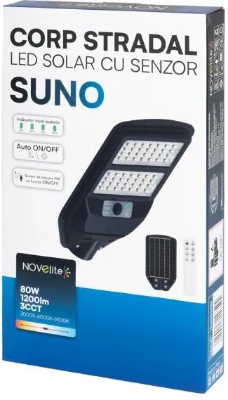 Corp Stradal Solar LED Novelite SUNO 80W cu Senzor de Mișcare și Temperatură 3CCT Ajustabilă IP54, Iluminat Exterior Eficient pentru Curți și Alei
