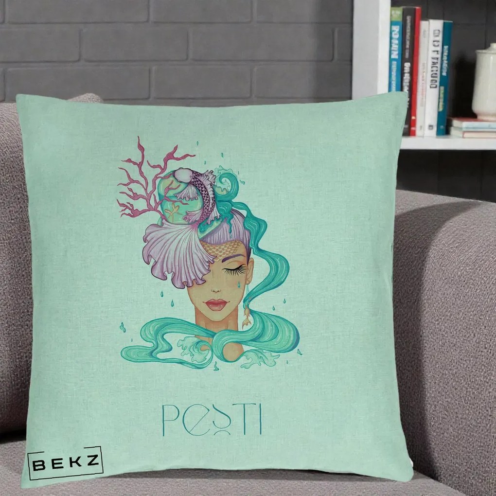 Perna Personalizata Zodiac Pesti Cowgirl, 40x40 cm, Verde Menta, Husa Detasabila, Perna Inclusa, BEKZ®