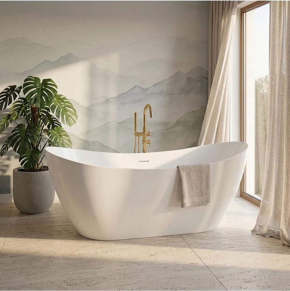 Cada freestanding cu ventil auriu periat Rea Ferrano Slim 160 cm alb