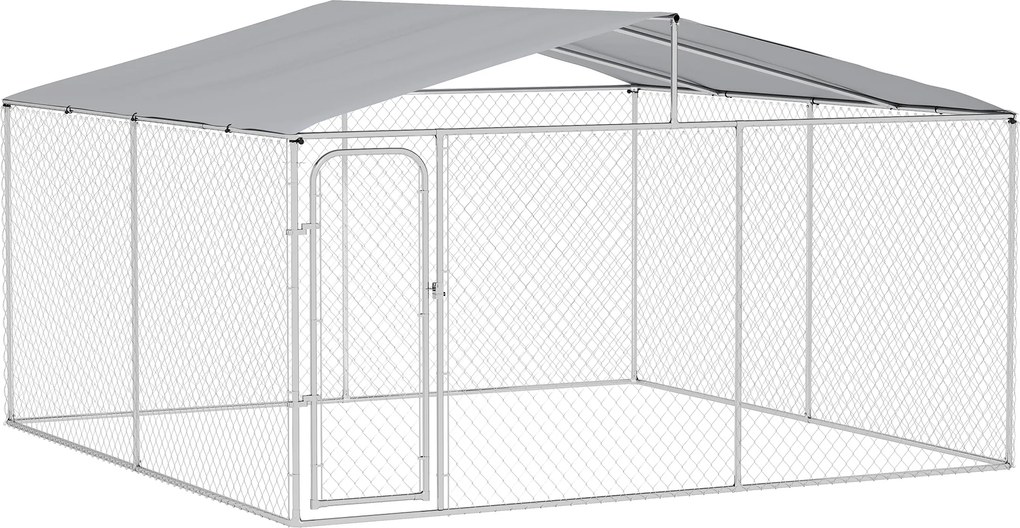 PawHut Țarc pentru Câini Talie Medie, Metal Galvanizat, Acoperiș Oxford, Ușă cu Zăvor, 400x230x232 cm, Argintiu | Aosom Romania