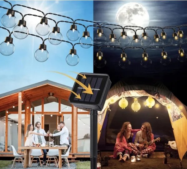 Ghirlandă solară decorativă cu 30 LED/8 funcții, 500 mAh, 10,6 m, IP67, alb cald