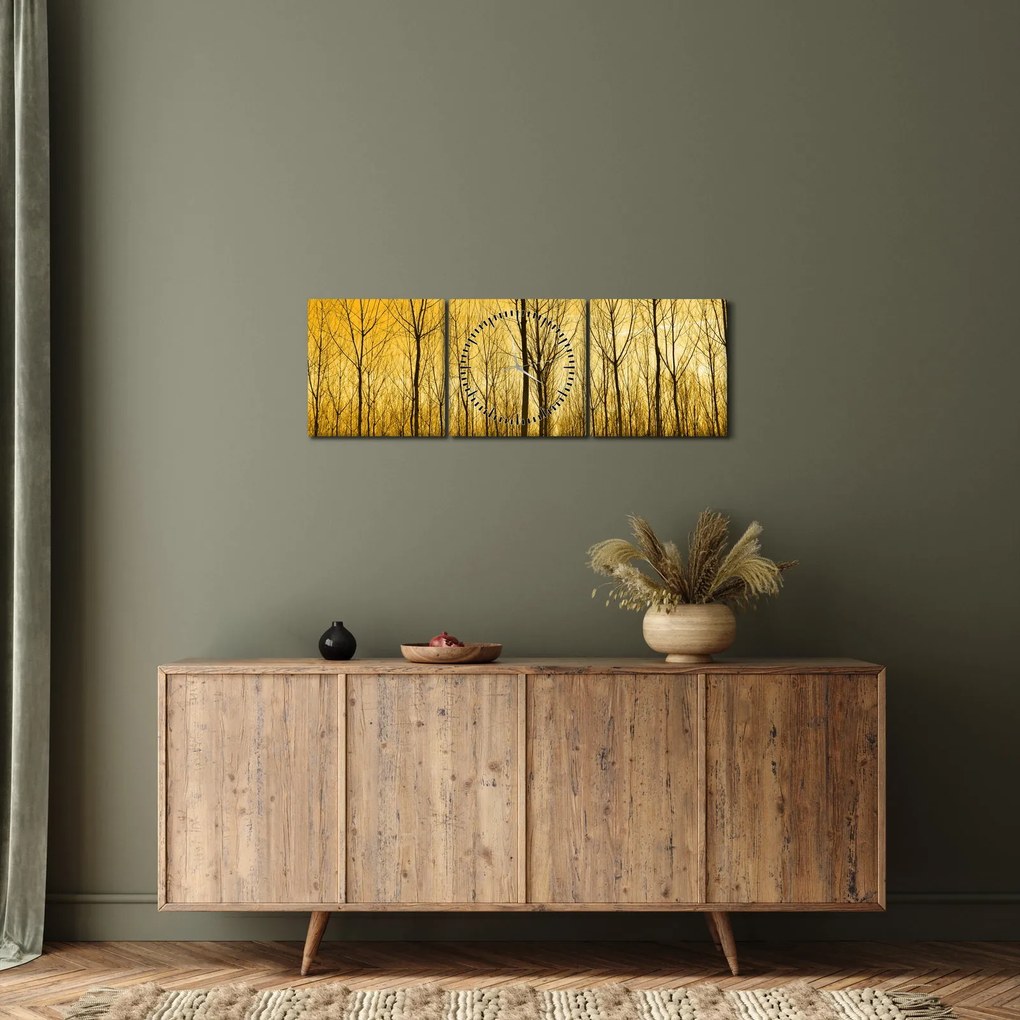 Tablou cu pădure în apus de soare (cu ceas) (90x30 cm)