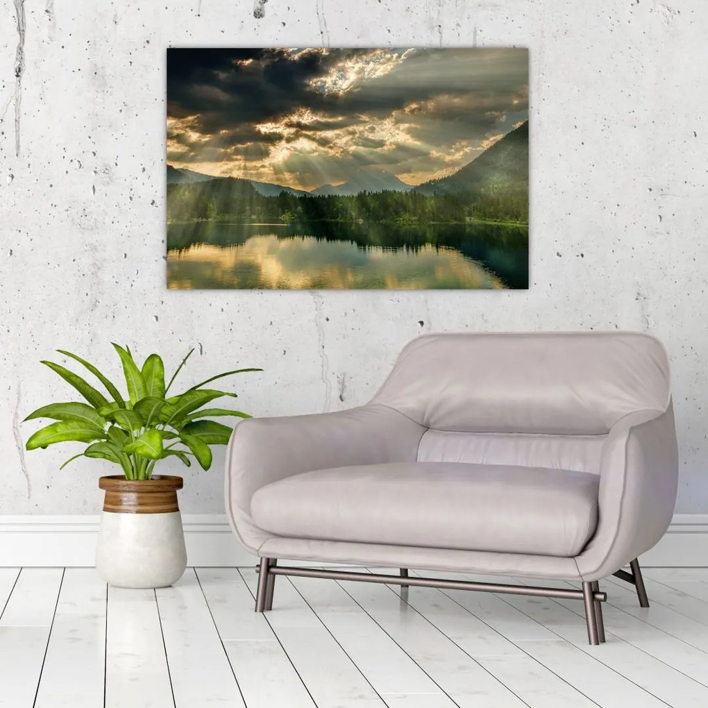 Tablou cu lac și soarele translucid (90x60 cm)