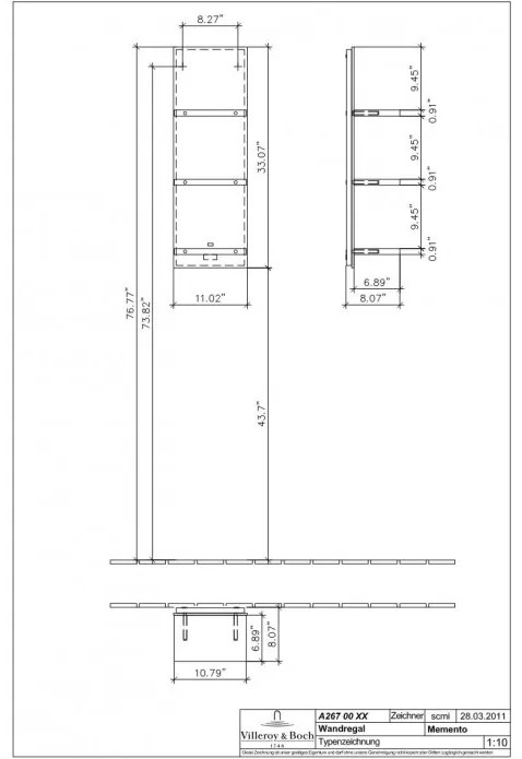 Etajera de baie suspendata, Memento Villeroy&amp;Boch, suprafata din sticla, 84x28x20.5cm, alb/gri, A26700MT