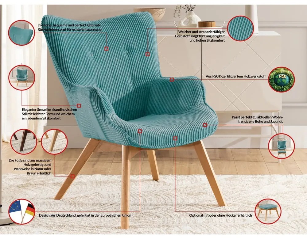 Fotoliu cu taburet turcoaz cu tapițerie din catifea reiată Niko – Ropez