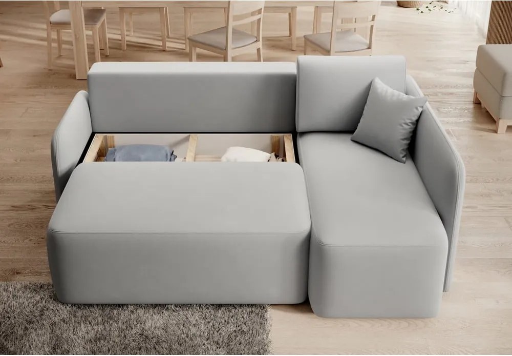 Colțar gri deschis extensibil/cu spațiu de depozitare cu tapițerie din catifea (cu colț pe partea dreaptă/cu șezlong) Hadson – ELTAP